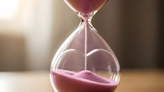 Close-up of a sand timer with pink sand flowing from top to bottom, representing the passage of time