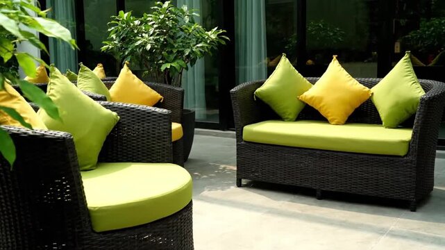 Outdoor patio furniture set with green and yellow cushions on a wicker sofa and chair