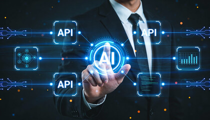 Ai and api interaction digital workspace technology visuals modern business environment close-up viewpoint integration concepts