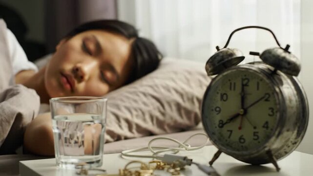 Woman sleeping with vintage alarm clock and water on bedside table, wake up call