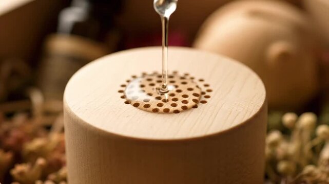 Close-up of essential oil being poured into a wooden aromatherapy diffuser with a floral background