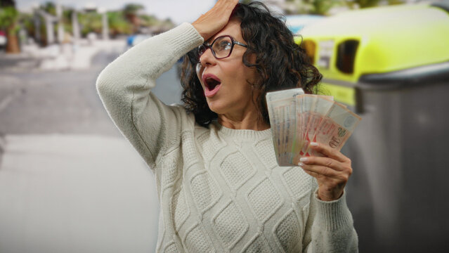 Woman holding singapore dollars near outdoor recycling container appears surprised with garbage in background.