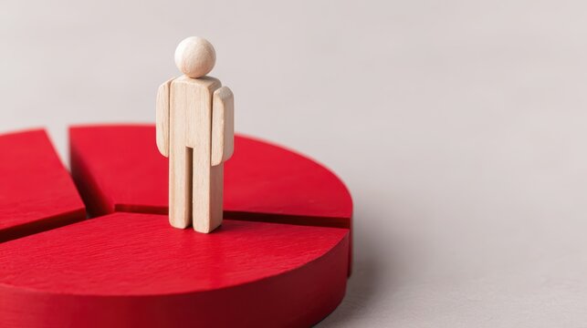 Wooden figure represents market share alone on giant pie chart business analysis digital environment unique perspective