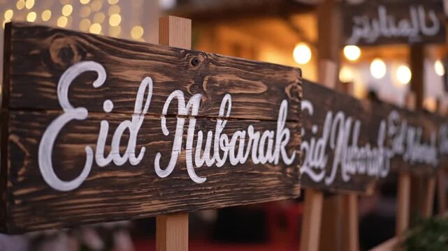 Close-up of a wooden sign with 'Eid Mubarak' written in white cursive letters against a blurred background with string lights.