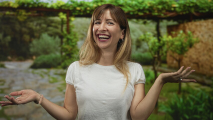 Naklejka premium Young woman pointing finger and smiling with visible hands and forearms in forest setting wearing white t shirt near stone path and trellis; joy.