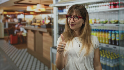 Woman smiling and presenting open hands while giving thumbs up in a building cafe aisle with beverage shelves; optimism.
