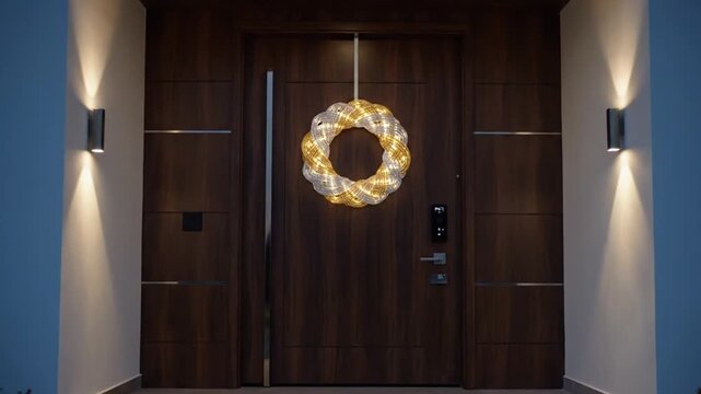 Close-up of a modern wooden front door with a decorative wreath and wall lights in a sleek entranceway.