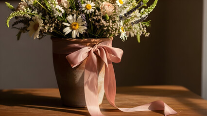 Wildflower bouquet tied with silk ribbon in terracotta pot, soft morning light, neutral tones, rustic Valentine vibe 