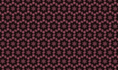 Geometric pattern of small pink flowers on a black background, creating a seamless and intricate design