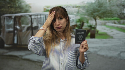 Woman holding italian passport with hand to forehead on street near parked cart and trees; frustration travel delay.