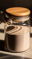 Glass jar filled with brown powder wooden lid twine closure on a light surface with natural light