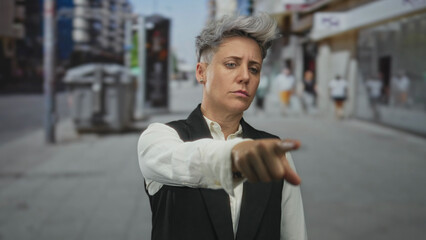 Fototapeta premium Woman with short hair wearing black vest points finger toward unseen object on bustling city street sidewalk; confidence determination focus.