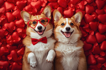 Beautiful Valentine's Day banner featuring dogs in love on red hearts. Top view. Romantic and loving atmosphere.