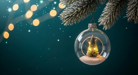 Golden christmas tree inside a transparent glass ornament hanging from a pine branch with bokeh lights on a dark green background