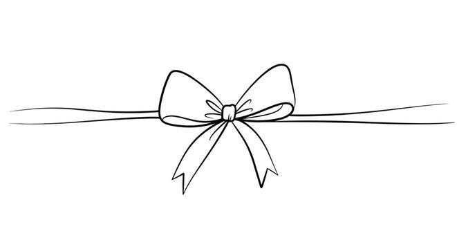 Minimalist black and white line drawing of a simple ribbon bow with two long ends resting on a thin horizontal line.