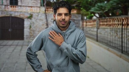 Young hispanic man with hand on chest, smiling and touching chest while wearing a hoodie by stone wall and iron fence on a street; warm gratitude.