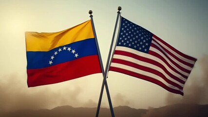 crossed flags of venezuela and usa waving against a mountain landscape in the rays of the setting sun for international relations and diplomatic partnership theme