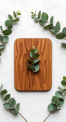 Wooden cutting board with eucalyptus leaves on white textured background natural light healthy eating organic ingredients