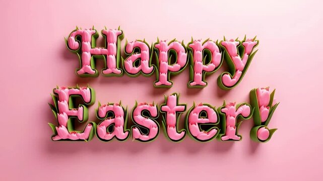bouquet of six delicate pink tulips on a pink background transforming into volumetric text happy easter made in the style of spring flowers and stems for holiday greeting card