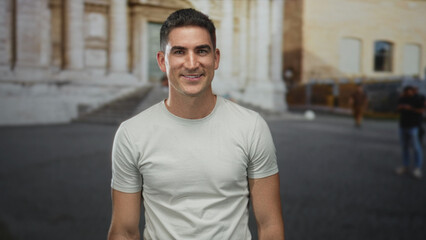 Fototapeta premium Man smiling in a casual t shirt standing before a historic building on an old town street; friendliness.
