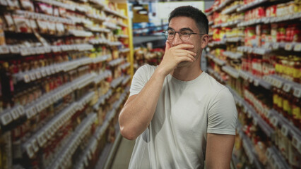 Young hispanic man in white t shirt wearing glasses covering mouth with hand while standing in supermarket aisle; amusement playfulness.
