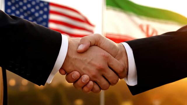 official handshake between representatives of the united states and iran with national flags in the background during a diplomatic summit and peace negotiations
