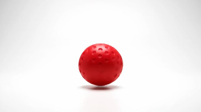 A bright red sphere with indentations floats above a white surface