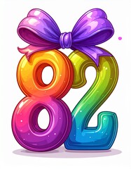 Number 82 wrapped with a festive ribbon on a white background. Image for birthday or anniversary party