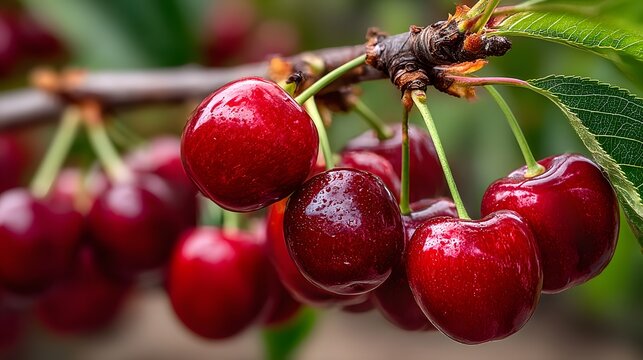 Bunches of ripe red cherries hanging from a tree branch with green leaves providing contrast under soft summer orchard sunlight.