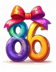 Number 86 wrapped with a festive ribbon on a white background. Image for birthday or anniversary party