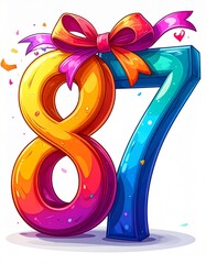 Number 87 wrapped with a festive ribbon on a white background. Image for birthday or anniversary party