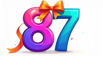 Number 87 wrapped with a festive ribbon on a white background. Image for birthday or anniversary party