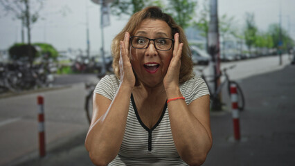 Middle age hispanic woman in striped shirt adjusts glasses on city street lined with parked bicycles and bollards; surprise curiosity.