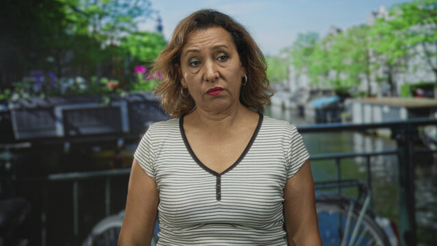 Middle aged woman holds forehead with hand on street by canal waterway and railing; fatigue introspection.
