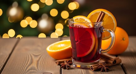 Warm mulled wine with oranges and cinnamon sticks on a wooden table with christmas lights in the background
