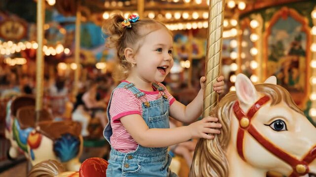 A cheerful little girl rides a carousel horse, smiling with glee