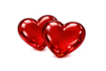 Two glossy red hearts symbolizing love on transparent background