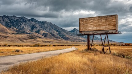 Fototapeta premium Blank Billboard on Rural Highway with Mountain Backdrop: Advertising Opportunity in Nature