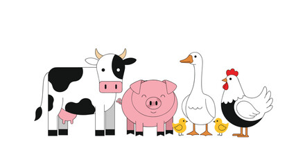 Obraz premium Lineup of friendly farm animals including a cow, pig, goose, chicken, and chicks illustrated in a cute flat style.