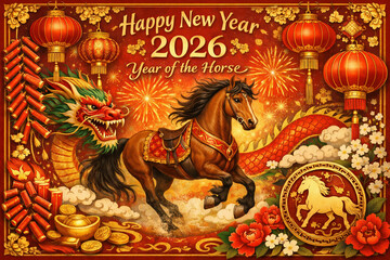 Obraz premium A vibrant Chinese New Year 2026 illustration featuring the Year of the Horse with golden decorations, lanterns, coins, and traditional festive symbols.