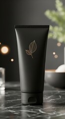 Black cosmetic tube with gold leaf logo on marble countertop with blurred background and soft lighting