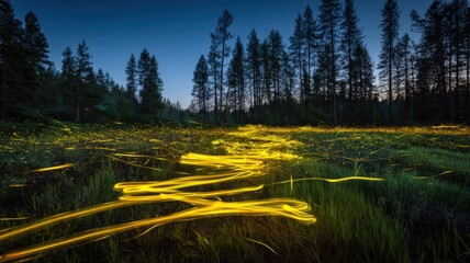 Fireflies Illuminate a Summer Meadow at Twilight, Creating a Magical and Enchanting Natural Light Display