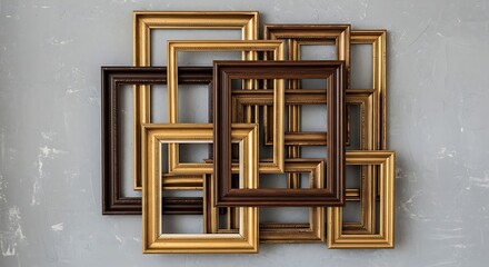 Multiple empty picture frames in various gold and brown tones arranged on a gray textured wall creating a layered decorative