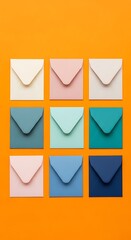 Colorful envelopes arranged in grid on orange background for mail and communication