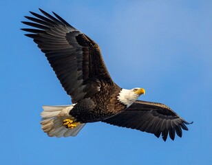 Obraz premium A majestic bird of prey soars gracefully against a vibrant blue sky, wings fully extended. Its gaze is forward
