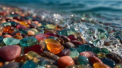 Close-up of smooth colorful pebbles on a beach with crystal clear water washing over them and sunlight glistening on the wet stones.