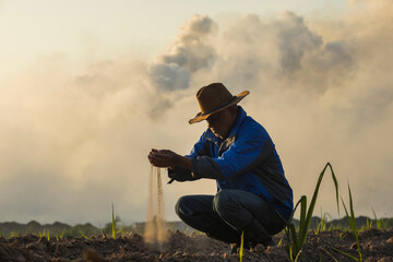 An elderly male farmer inspects soil quality in agricultural area near an industrial factory.