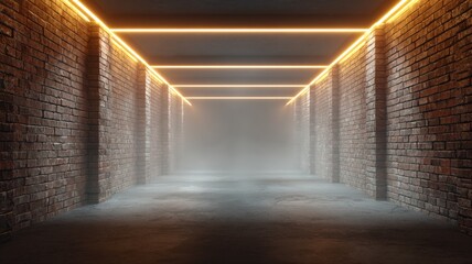 Fototapeta premium Illuminated Tunnel Perspective with Brick Walls and Ethereal Mist, Evoking Mystery and Modern Architecture