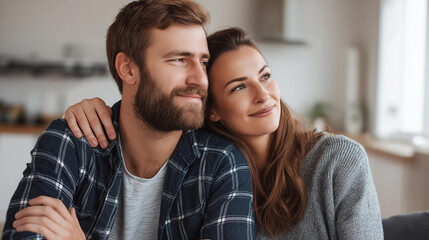 Fototapeta premium Asian couple sitting together at home, faceless lifestyle portrait, calm modern interior, with copy space