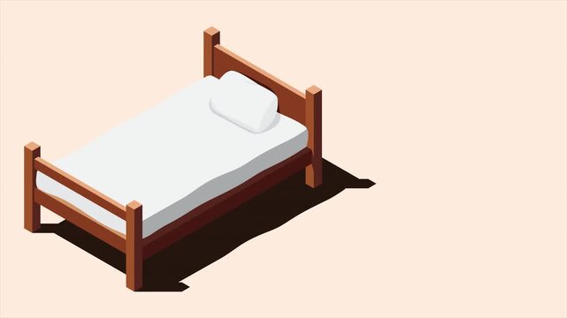 Isometric wooden bed with mattress animation. Isometric single bed. Wooden bed frame with mattress and pillow. Isometric bedroom furniture. 4K video animated in isometric style